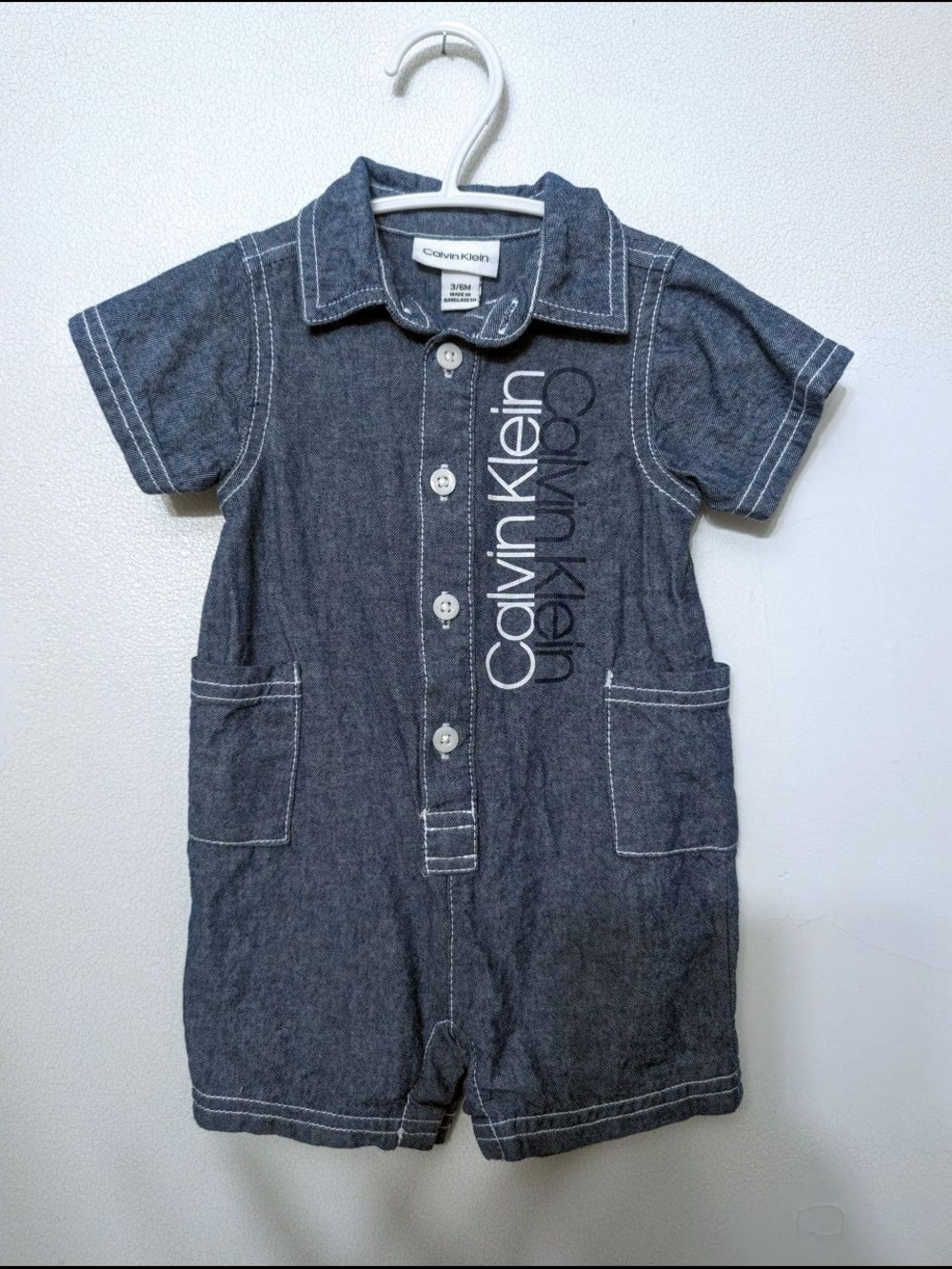 Calvin Klein Toddler Short-Sleeve Romper in Dark Denim Cotton 3-6 M